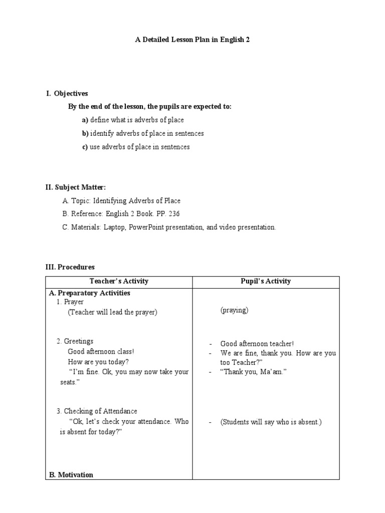 Adverbs of Place Lesson Plan for Grade 2 | PDF | Adverb | Linguistics