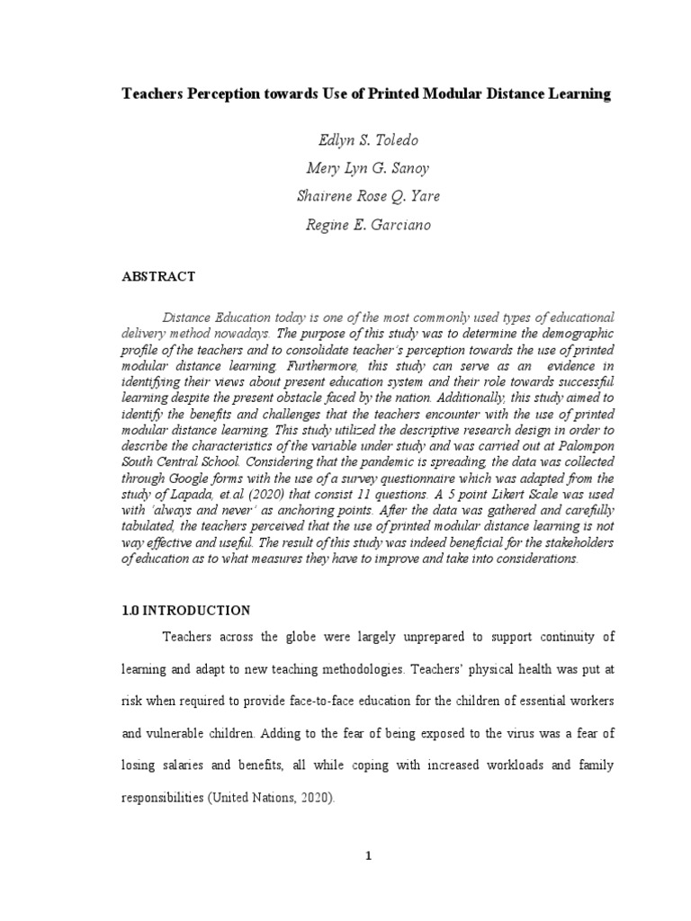 Teachers Perception Towards Use of Printed Modular Distance Learning ...