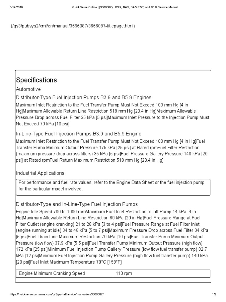 Specifications Automotive DistributorType Fuel Injection Pumps B3.9
