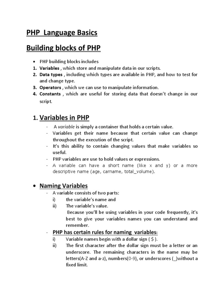 PHP Language Basics Building Blocks of PHP | PDF | Variable (Computer ...