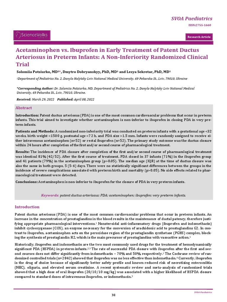 Acetaminophen vs. Ibuprofen in Early Treatment of Patent Ductus