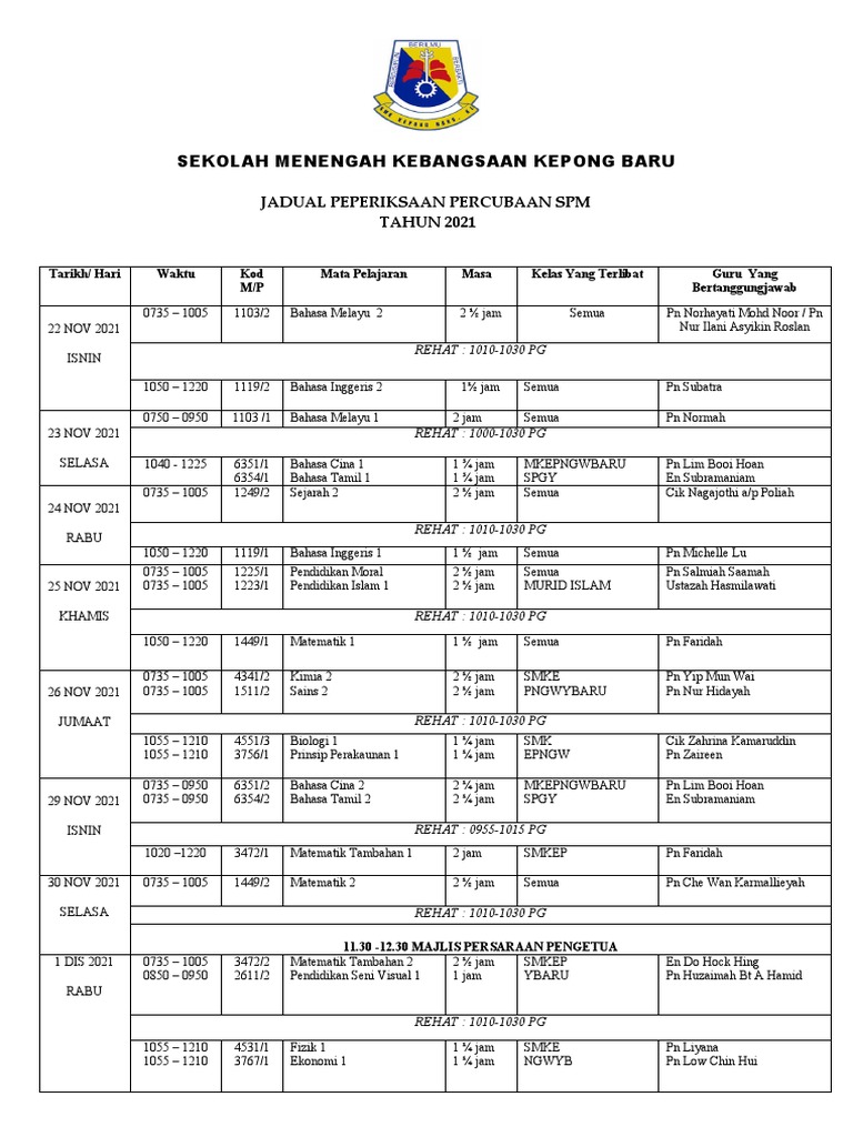 Jadual Peperiksaan Percubaan SPM 2021 PDF
