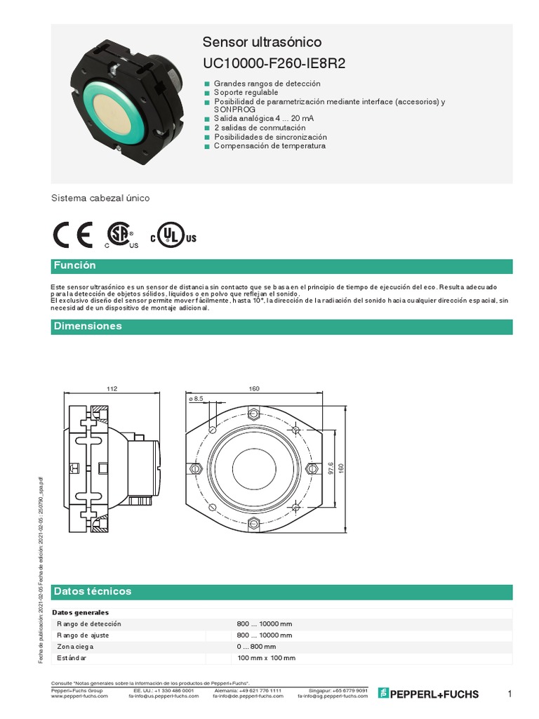 Sensor ultrasónico UC10000-F260-IE8R2 | PDF | Ultrasonido | Sensor