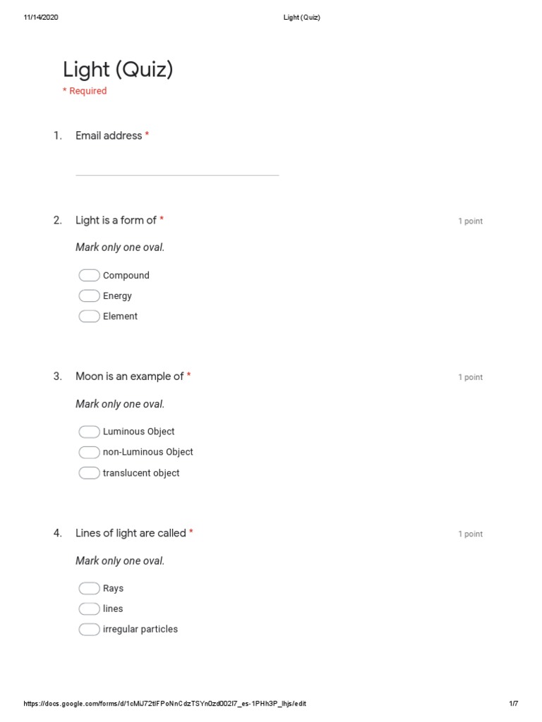 Light (Quiz) Google Forms PDF Light Reflection (Physics)