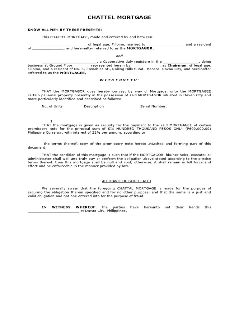 Chattel Mortgage Form PDF Mortgage Law Real Property Law