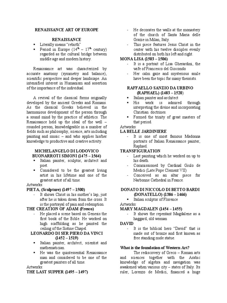Grade 9 Mapeh Arts Renaissance And Baroque Art Pdf