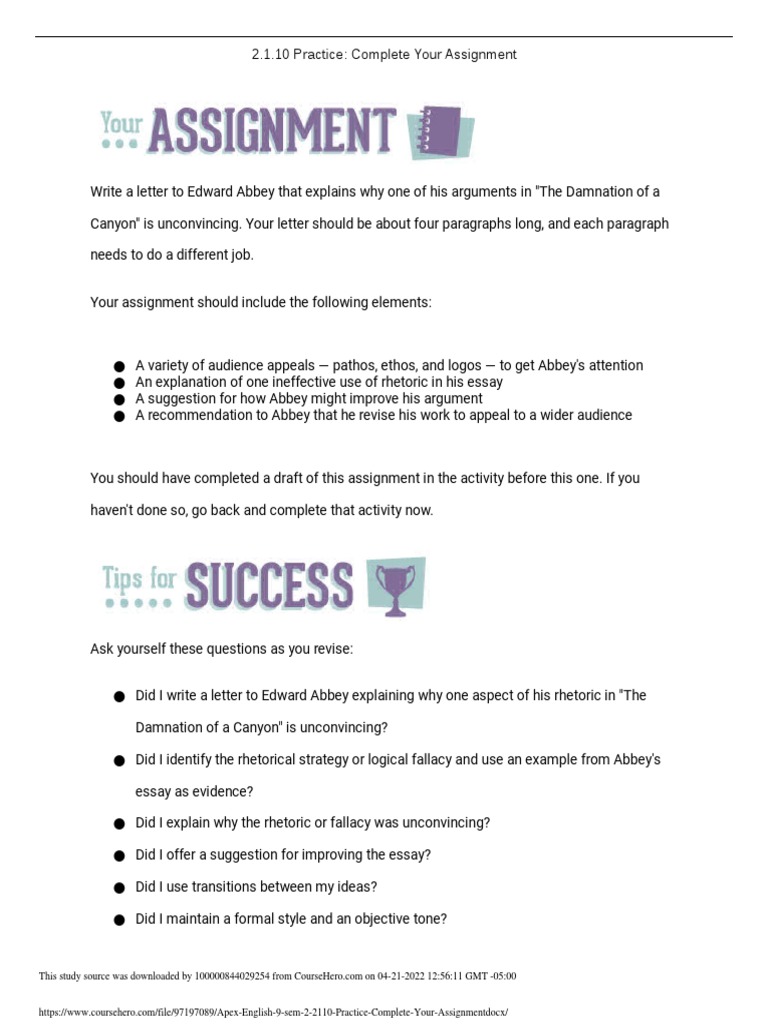Apex English 9 Sem 2 2.1.10 Practice Complete Your Assignment | PDF ...