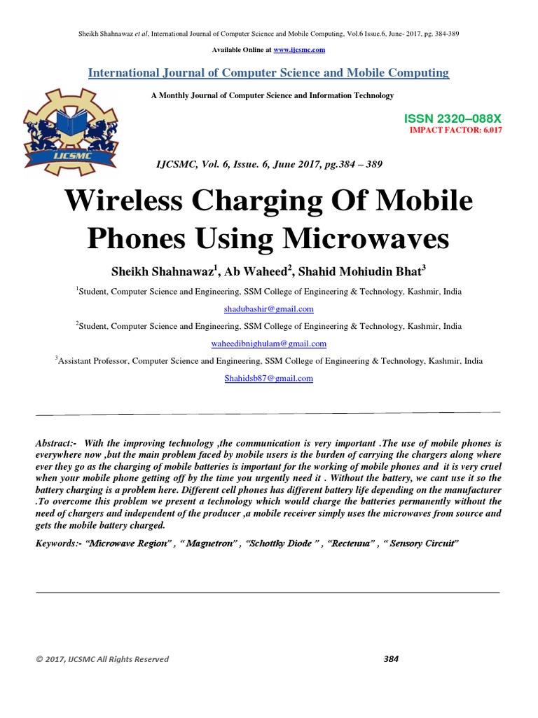 Wireless Charging of Mobile Phones Using Microwaves International
