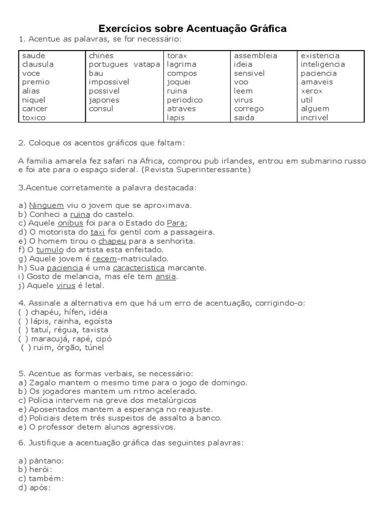 Exercícios Sobre Acentuação Gráfica Com Gabarito | PDF | Sílaba ...