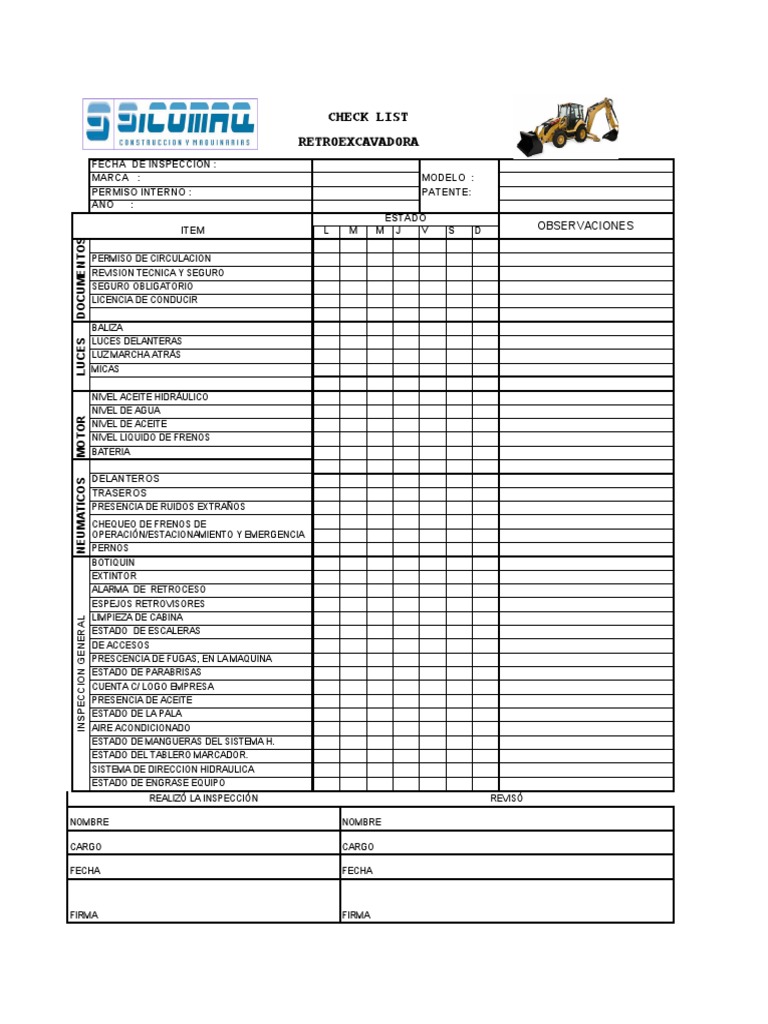 Check List - 09 Retroexcavadora | PDF | Vehículos terrestres | Bienes ...