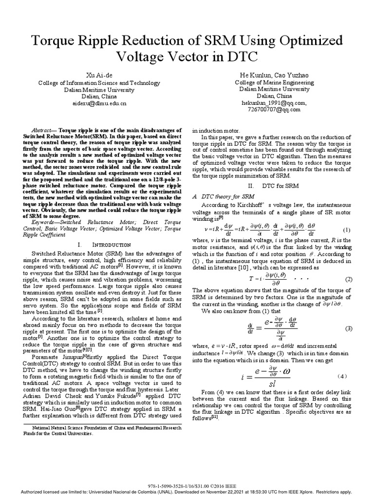 Torque Ripple Reduction of SRM Using Optimized Voltage Vector in DTC PDF Electric Motor Torque