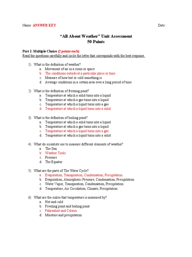 Weather Unit Assessment Answer Key | PDF | Cloud | Precipitation