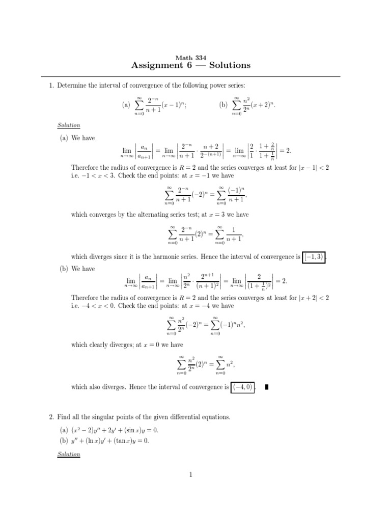 Power Series Differential Equations Assignment 6 Solutions PDF