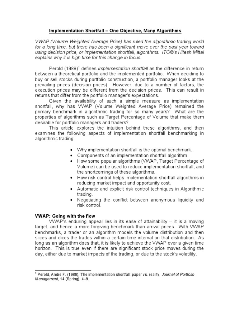 Implementation Shortfall - One Objective, Many Algorithms | PDF