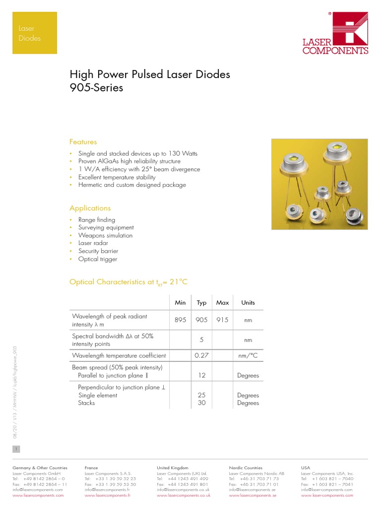 High Power Pulsed Laser Diodes 905-Series: Features | PDF | Laser | Diode