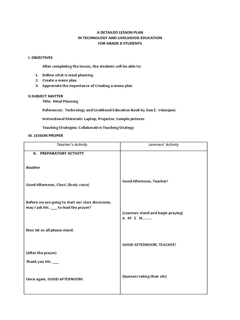 A Detailed Lesson Plan in Technology and Livelihood Education For Grade ...