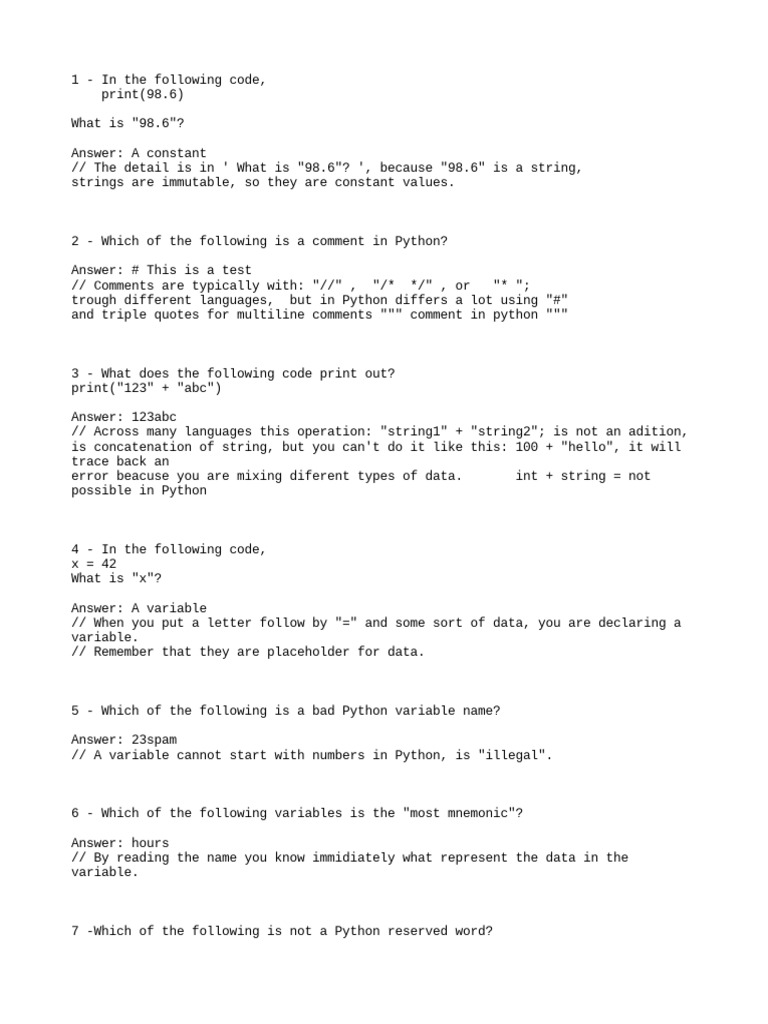 Quiz:Variables Expressions and Statements | PDF | Python (Programming ...