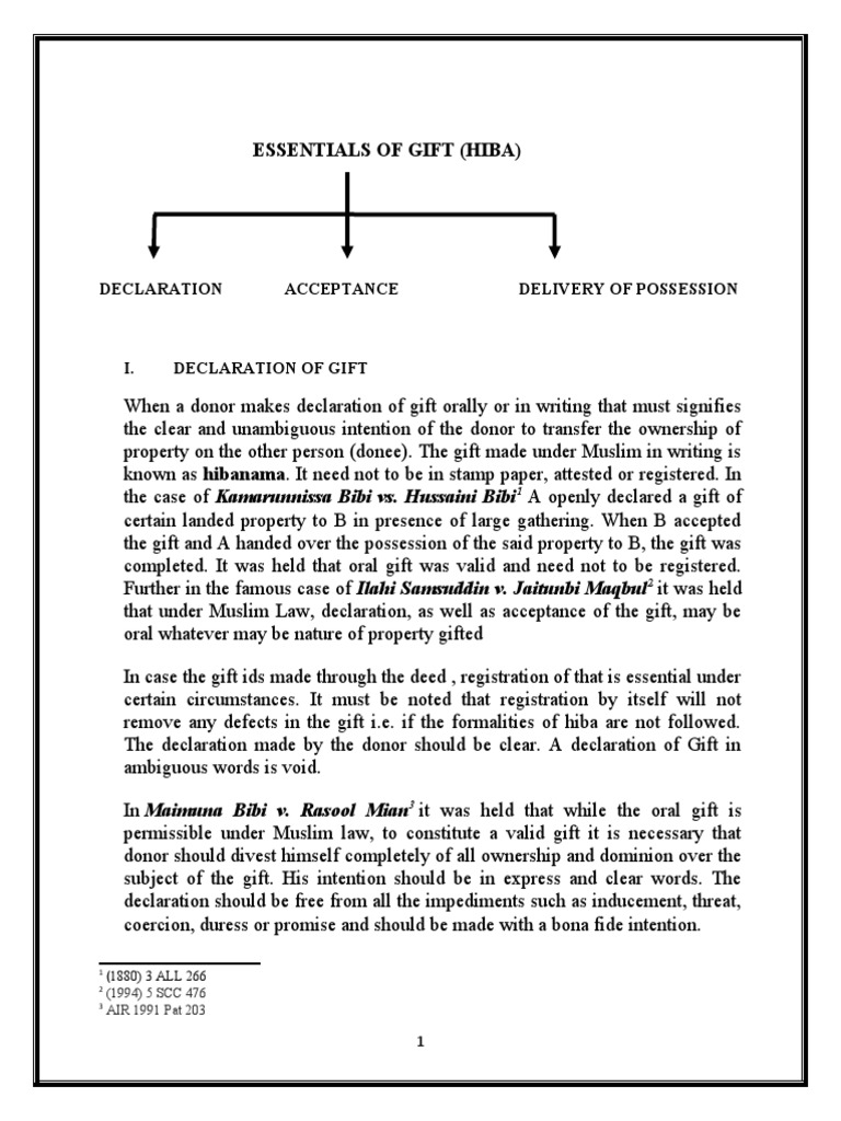 Essentials of Gift (Hiba) Declaration Acceptance Delivery of