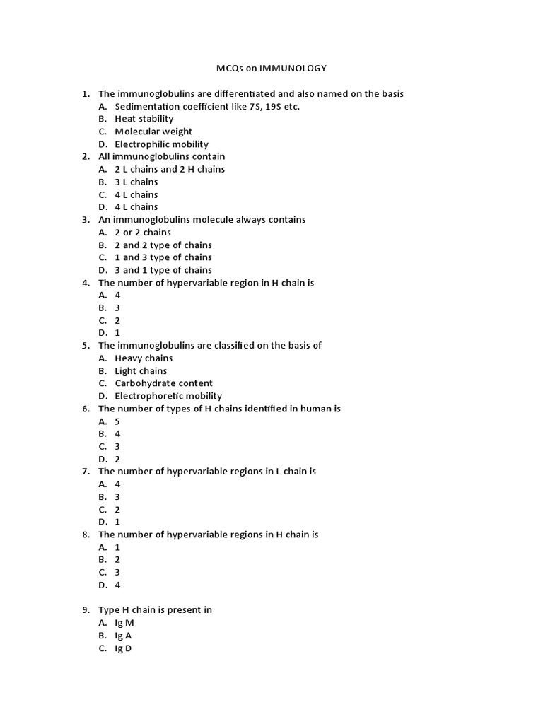 MCQs On IMMUNOLOGY PDF Antibody Cytokine