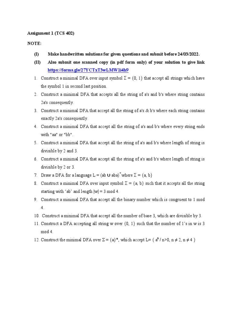 DFA Construction Assignment 1 | PDF | Teaching Methods & Materials