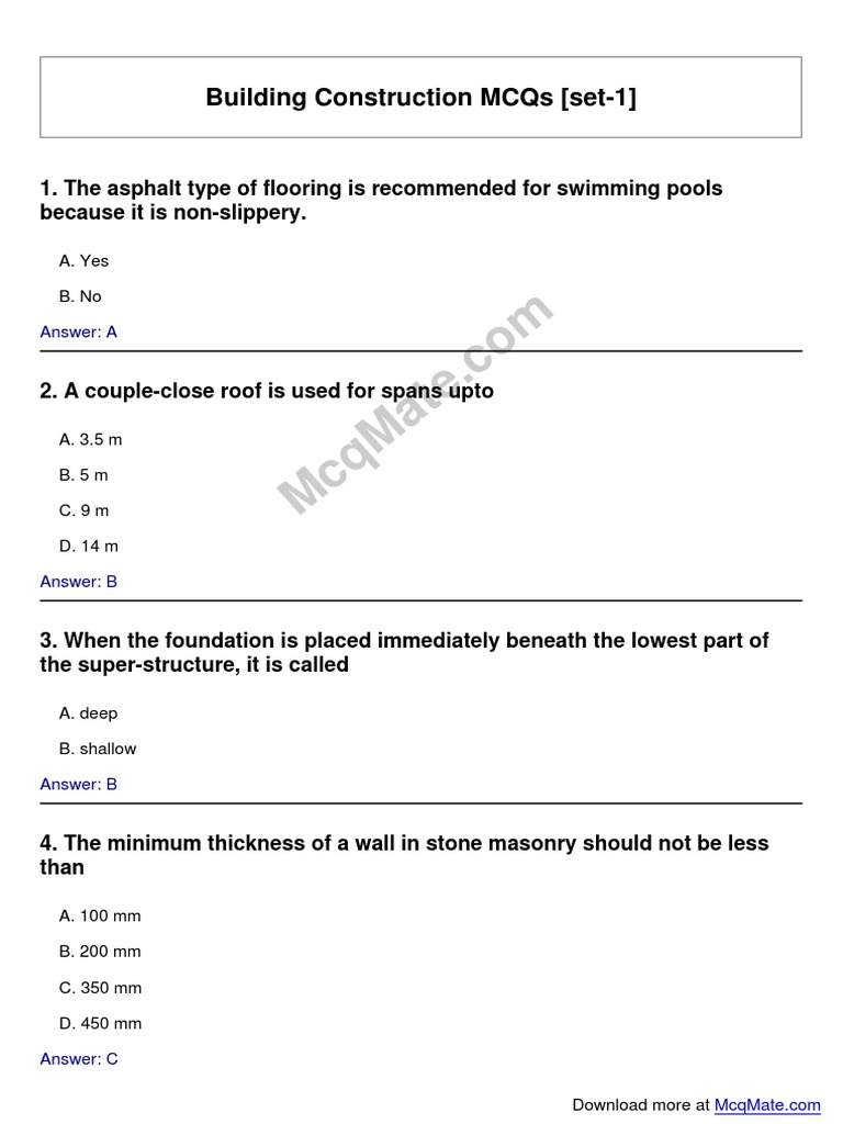 Building Construction Solved MCQs (Set1) PDF Deep Foundation Brick