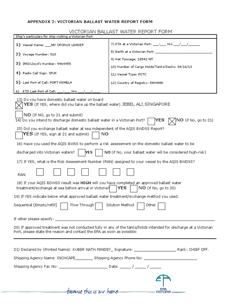 Victorian Ballast Water Report Form PDF Port Ships