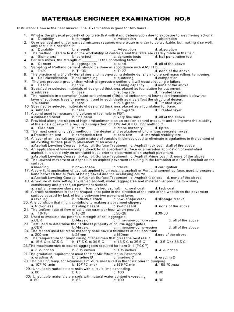 Materials Engineer Exam Questions | PDF | Road Surface | Asphalt