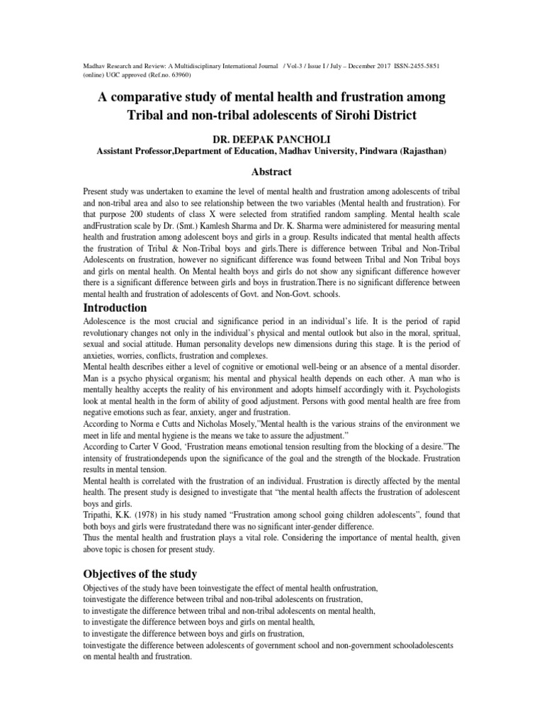 A Comparative Study of Mental Health and Frustration Among Tribal and