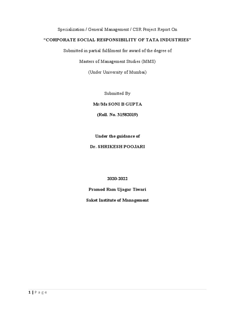 Tata Industries CSR Project Report | PDF | Corporate Social ...