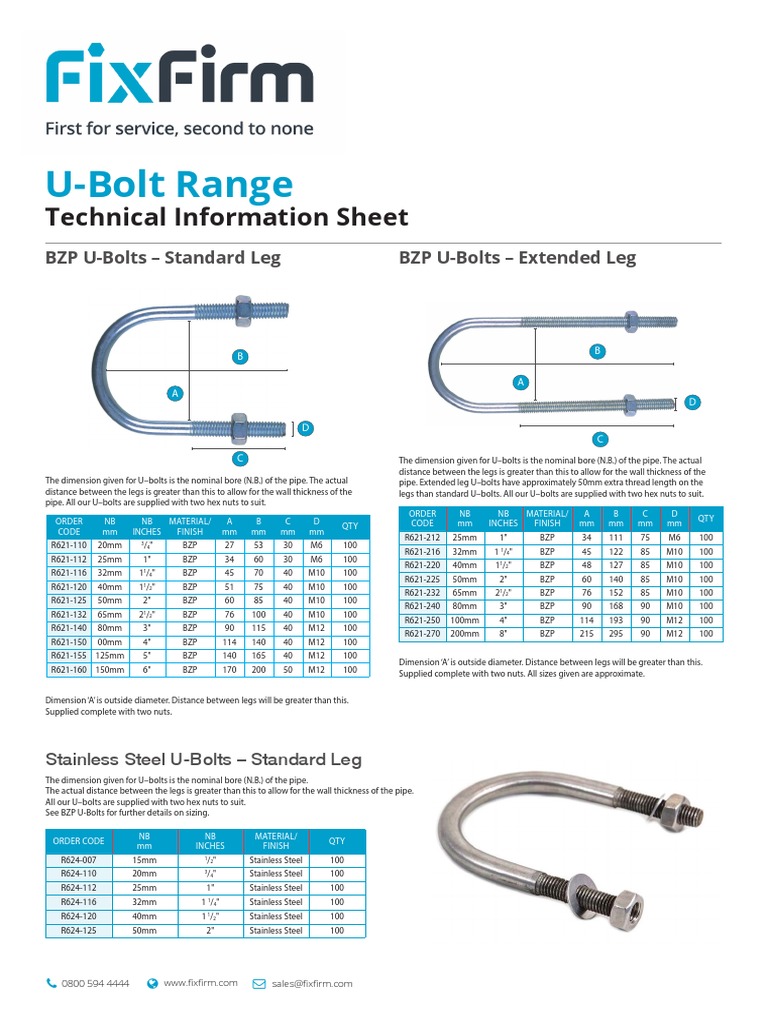 UBolt Range Technical Information Sheet PDF Screw Pipe (Fluid