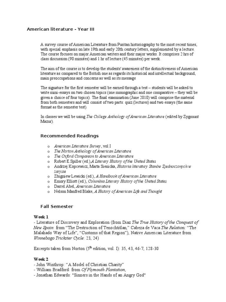 American Literature Course Overview | PDF | American Literature | Poetry