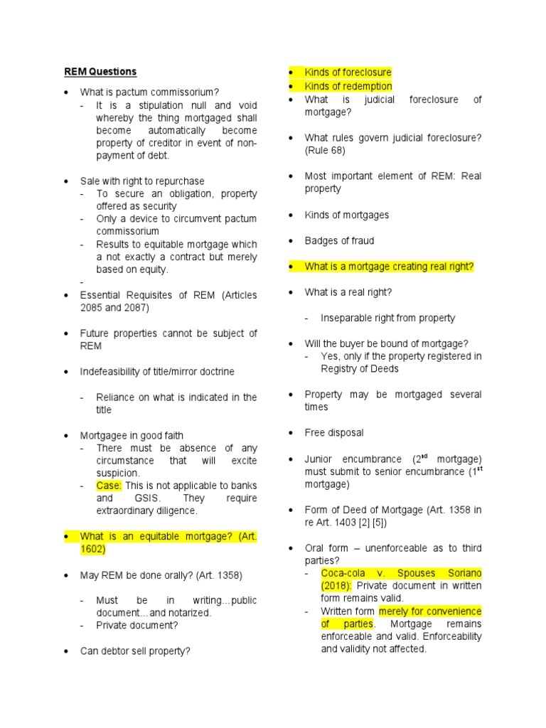 REM Questions PDF Mortgage Law Foreclosure