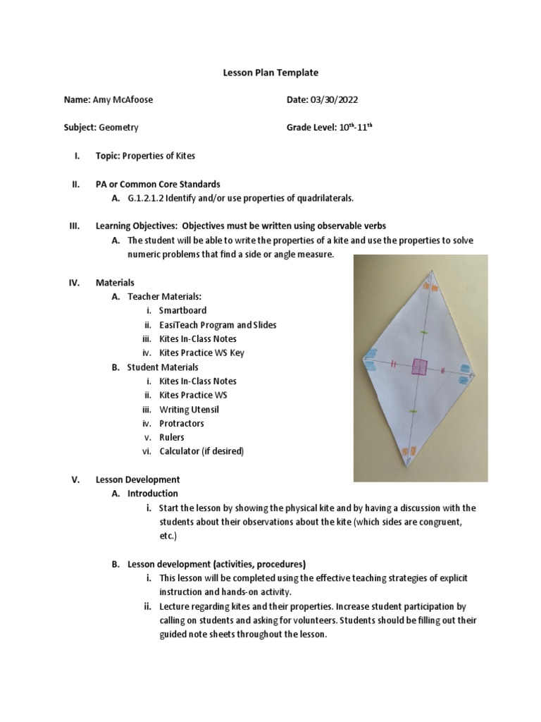 Geometry Lesson Plan: Properties of Kites | PDF