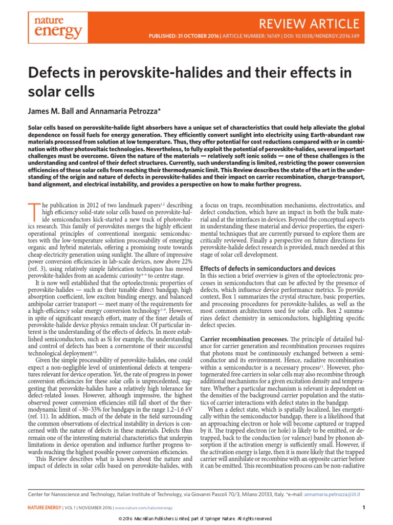 Defects in Perovskite Solar Cell | PDF | Solar Cell | Band Gap