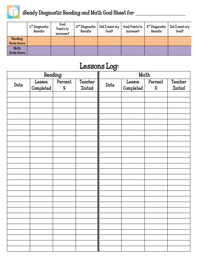 Lessons Log Iready Diagnostic Reading and Math Goal Sheet For PDF