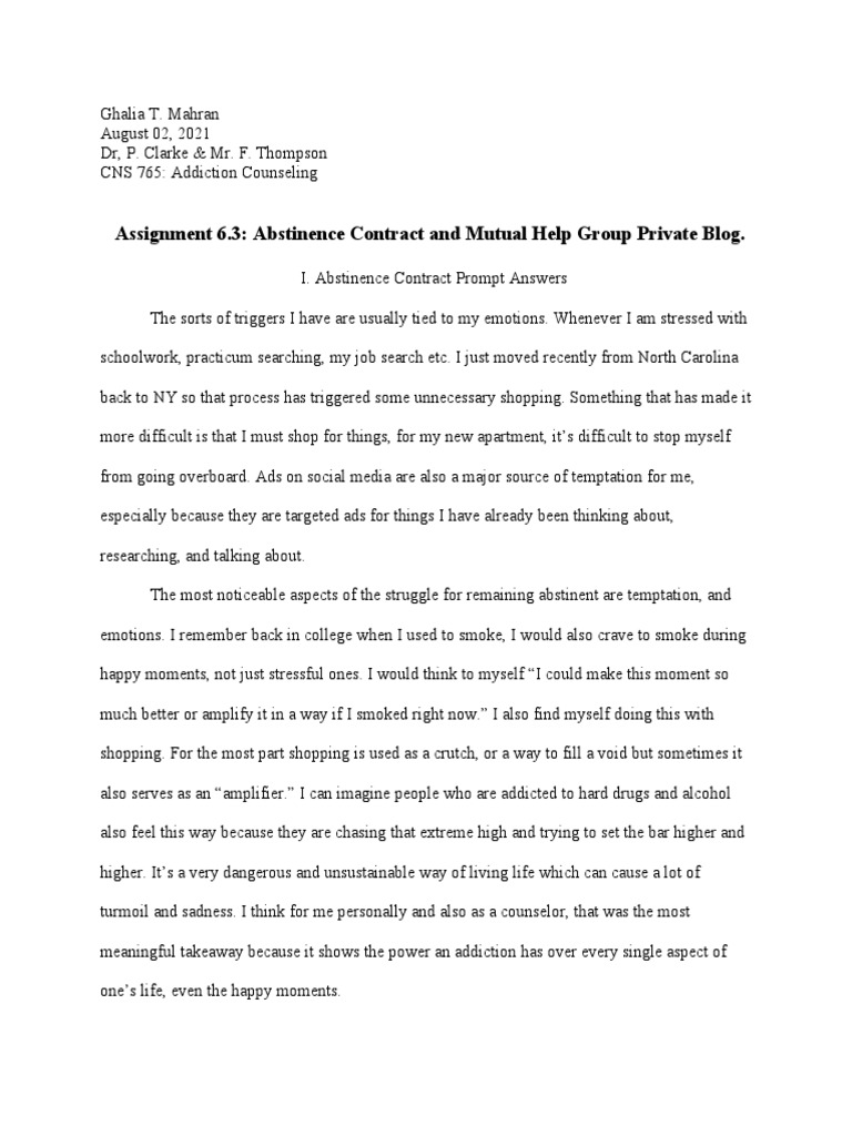 Assignment 6.3 Abstinence Contract and Mutual Help Group Private Blog