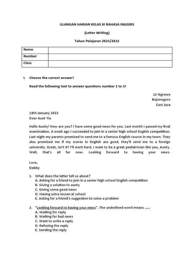 Ulangan Harian Kelas Xi Bahasa Inggris (Letter Writing) Tahun Pelajaran