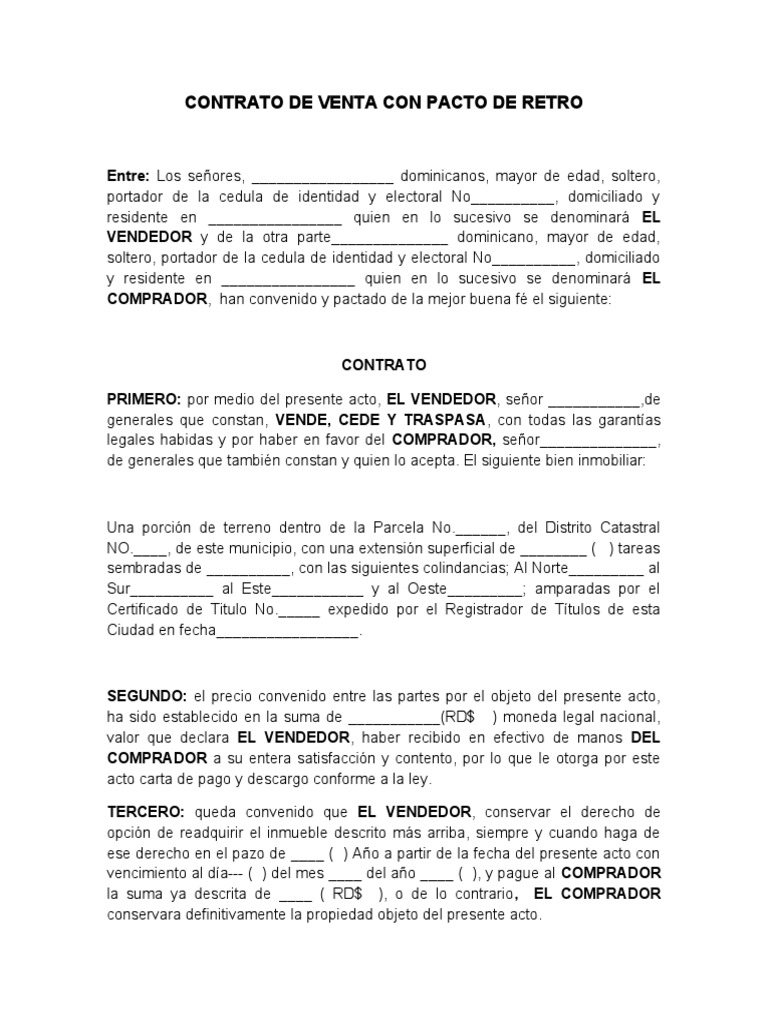 Contrato de venta con pacto de retro descargar gratis pdf ley com n