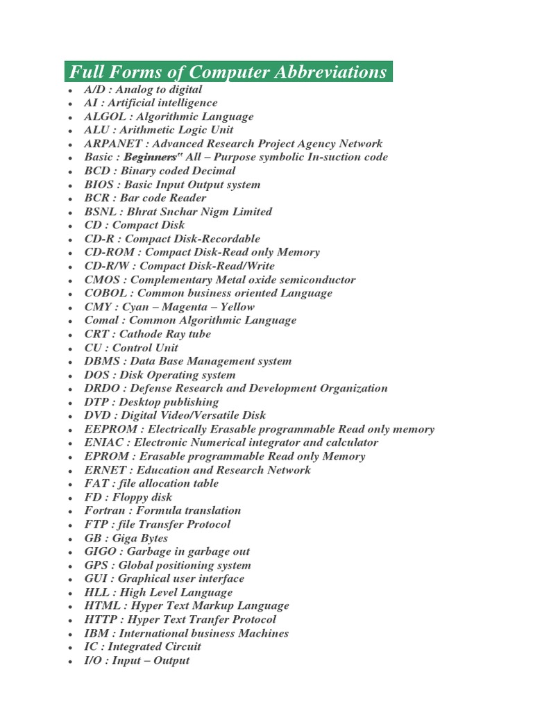 Full Forms of Computer Abbreviations PDF Read Only Memory