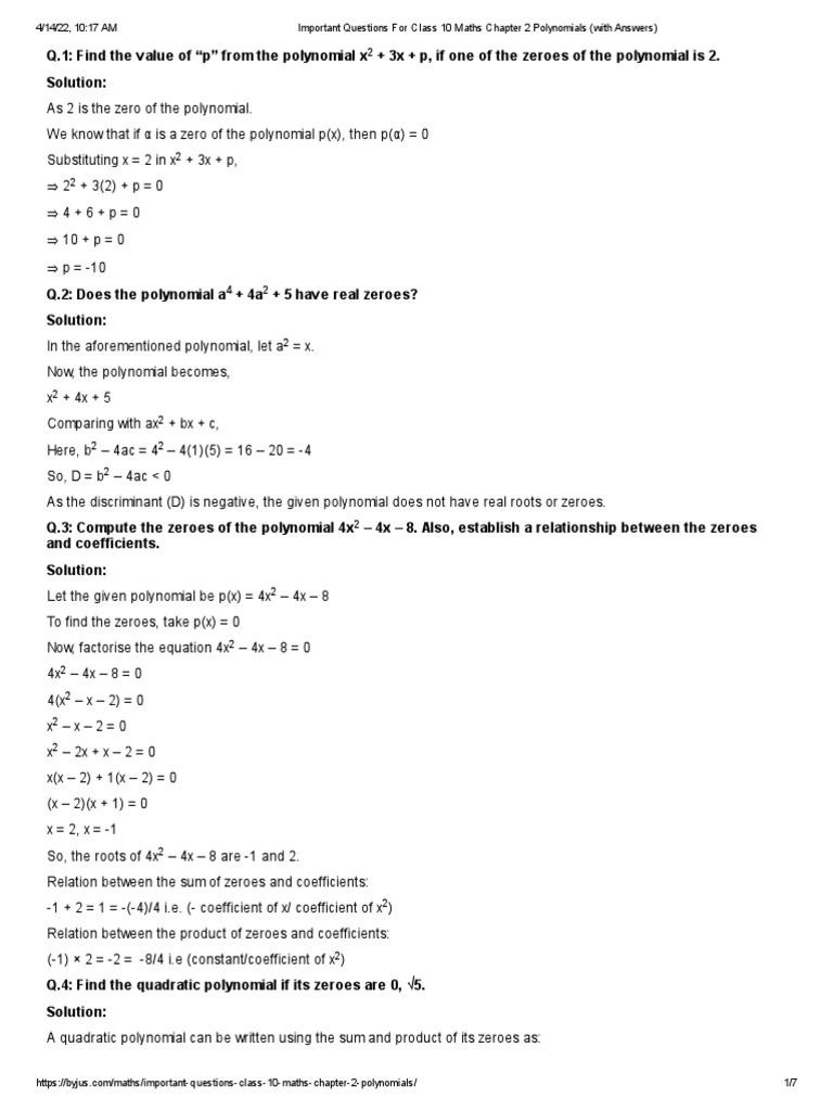 Important Questions For Class 10 Maths Chapter 2 Polynomials (With ...