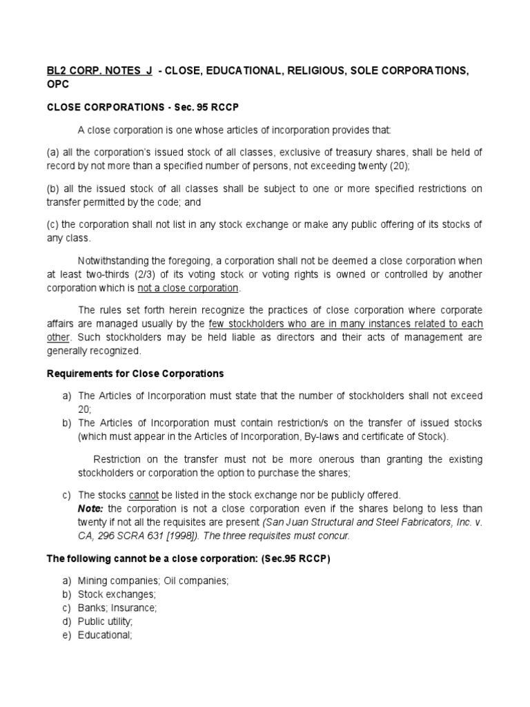 Close Corporations and Educational Entities | PDF | Corporations | Stocks