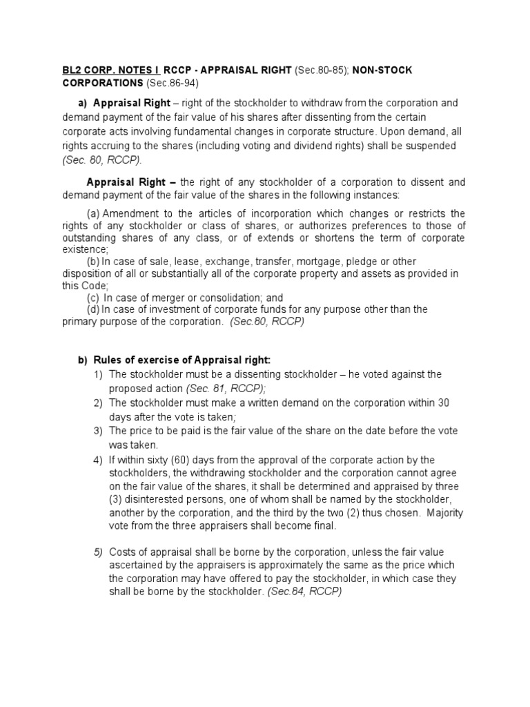 BL2 CORP. NOTES I APPRAISAL RIGHT Non Stock Corp. Download Free PDF