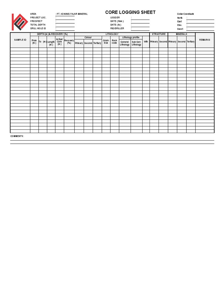 Core Logging Sheet Form PDF