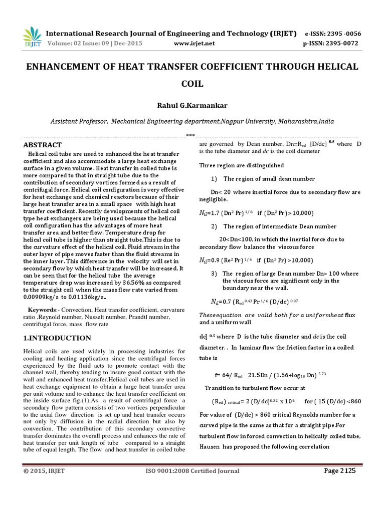 Enhancement of Heat Transfer Coefficient Through Helical Coil | PDF ...