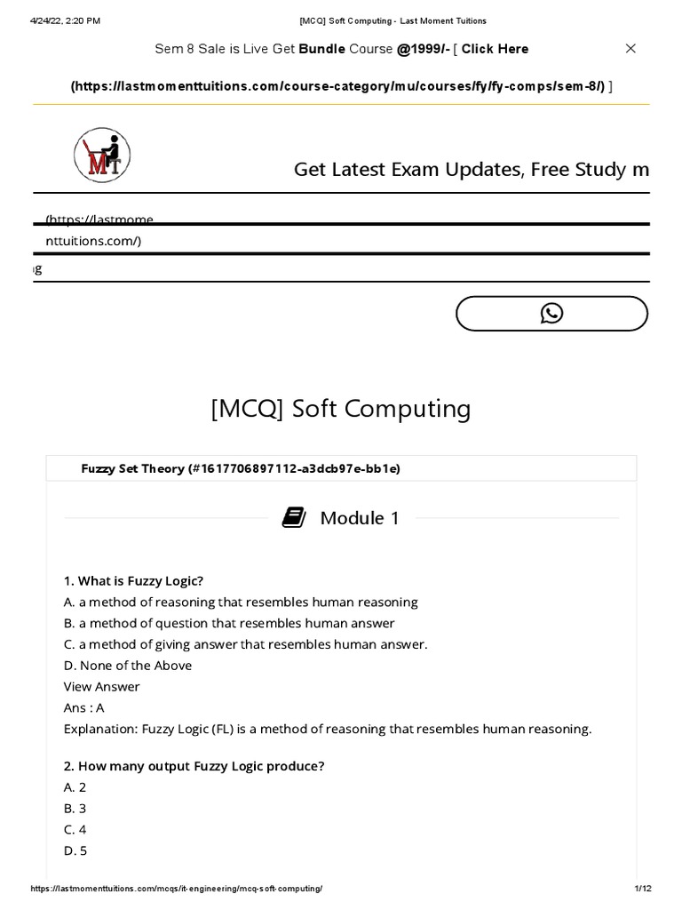 Fuzzy Logic MCQs for Soft Computing | PDF | Fuzzy Logic | Mathematics