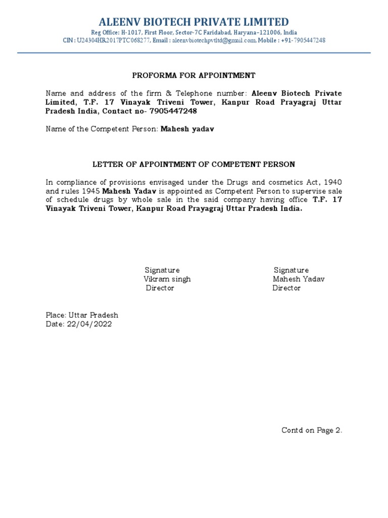 Appointment of Competent Person at Aleenv Biotech | PDF