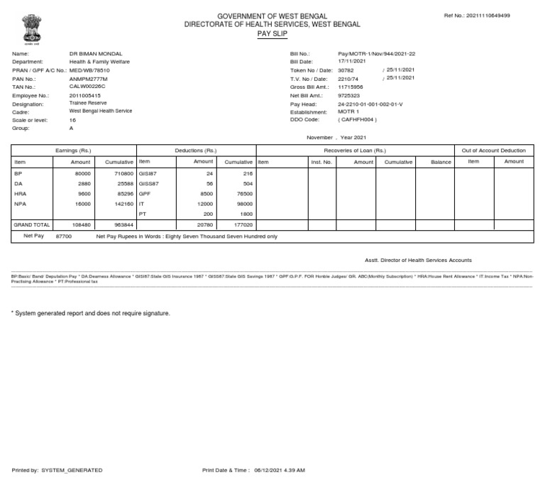 Directorate of Health Services, West Bengal Pay Slip Government of West