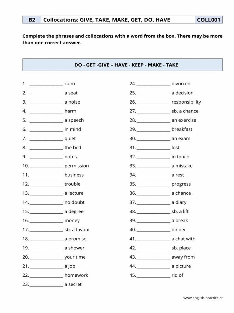Collocations and Phrases With GET, DO, MAKE, GET, HAVE, TAKE - COLL001 ...