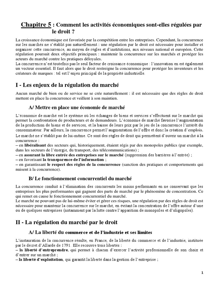 Chapitre 5 - Comment Les Activités Économiques Sont-Elles Régulées Par Le  Droit, PDF, Brevet