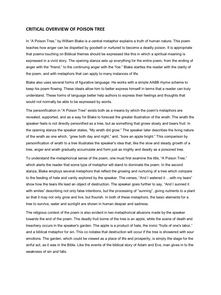 Critical Overview of Poison Tree | PDF | Poetry | Anger